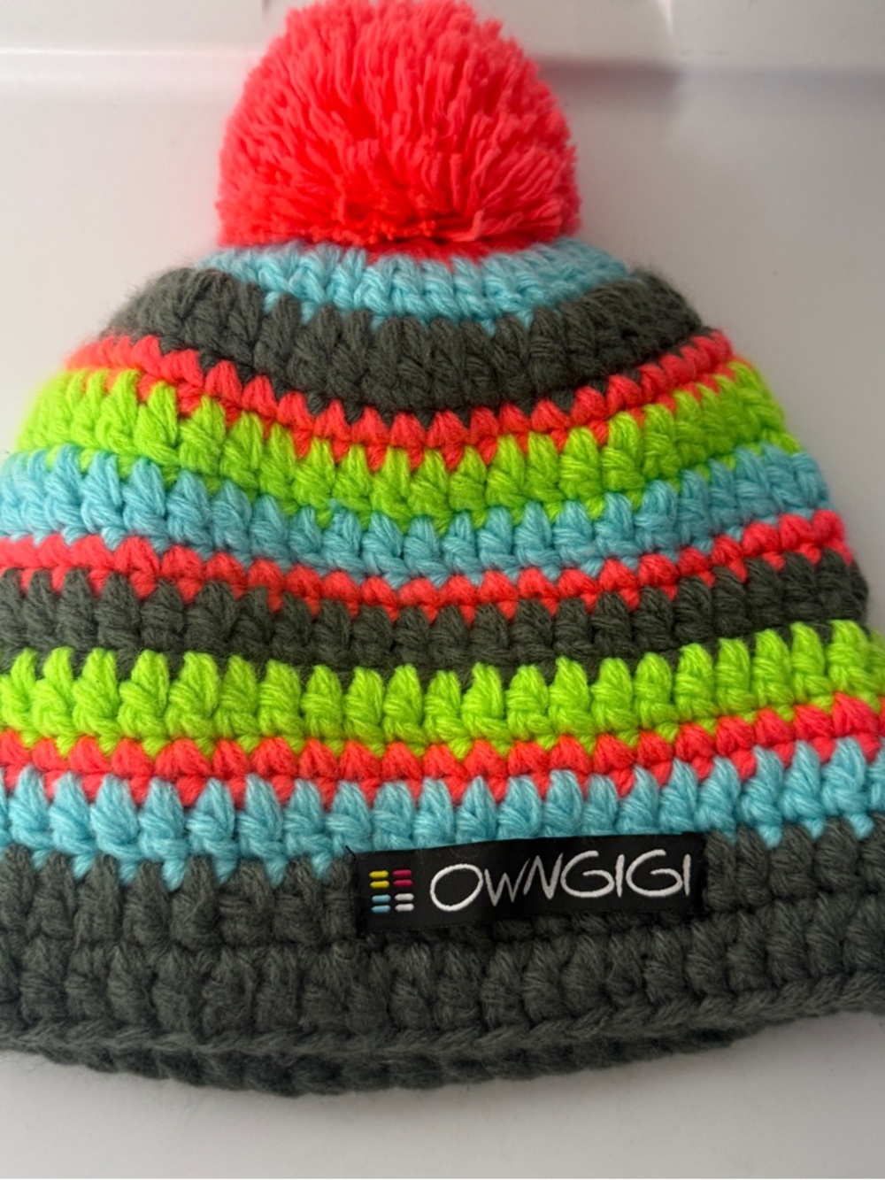 Owngigi Neon Stripe Pom Beanie - Gray, Aqua, Lime, Coral